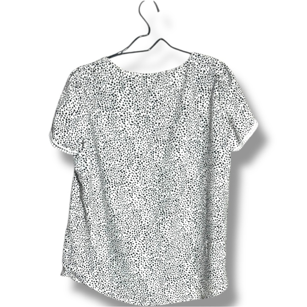 Fashion Women Large Black & White Speckle Print Short Sleeve White Trim Blouse - Picture 15 of 16